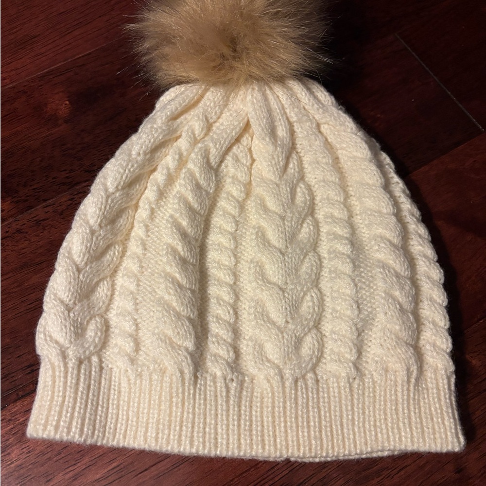 J. Crew Ivory Cable Knit Beanie with Faux Fur Pom